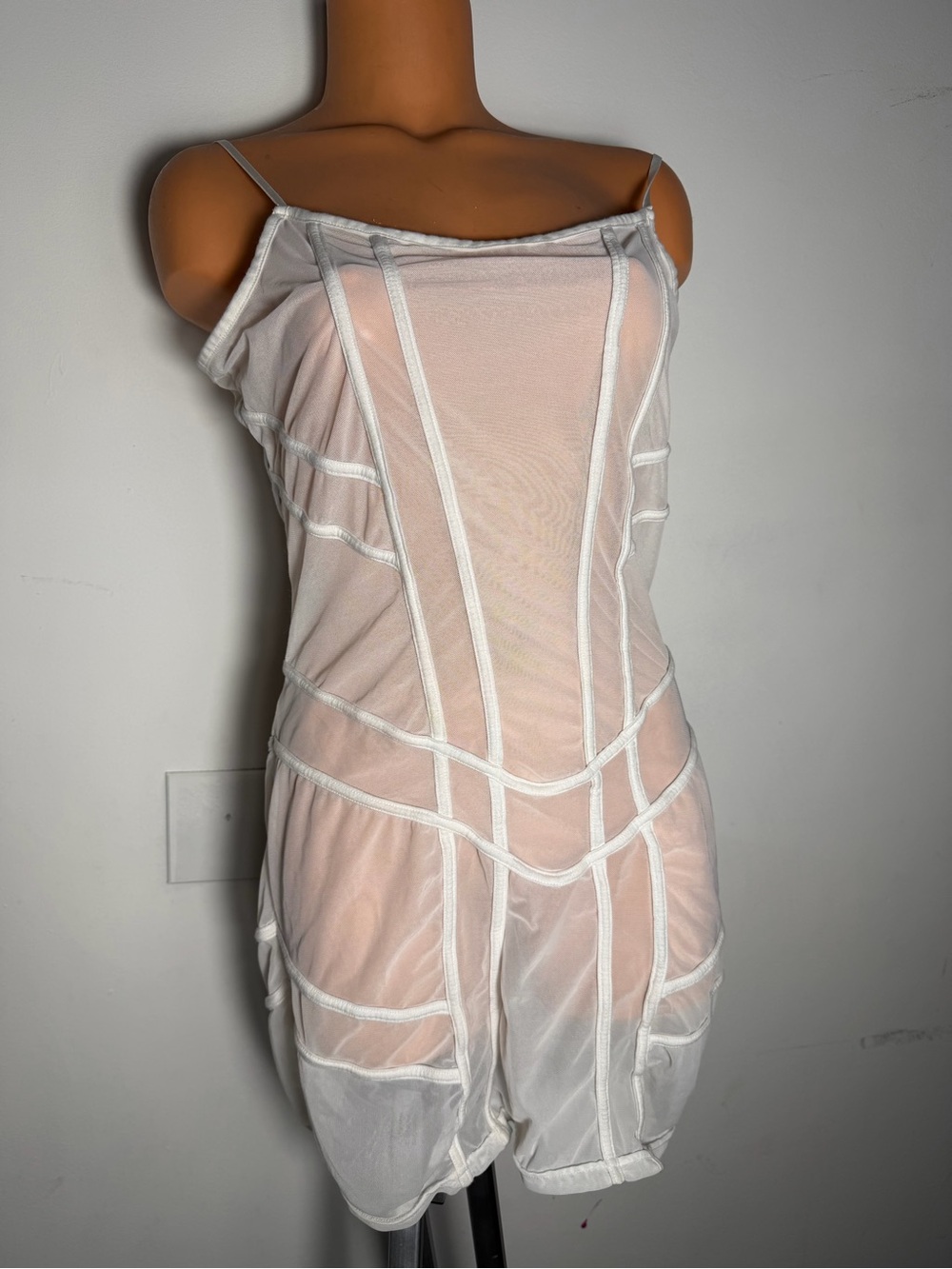White Sheer Mesh Slip Dress with Contrast Piping.   Babydoll